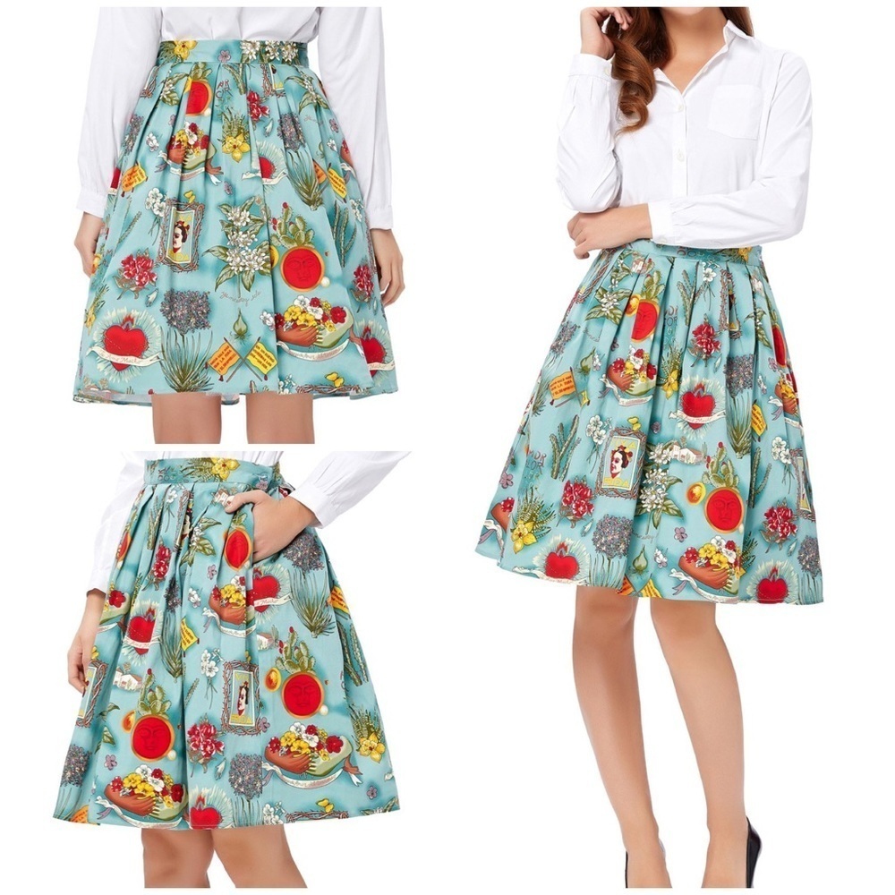 EUC Grace Karin Retro A-Line Frida Kahlo Cacti Floral Rockabilly Pin Up Skirt XL